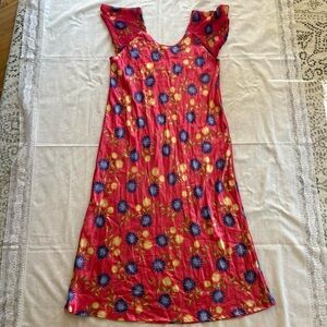 Vintage Pink Satin Whimsical Purple & Yellow Floral Print Maxi Length Slip Dress